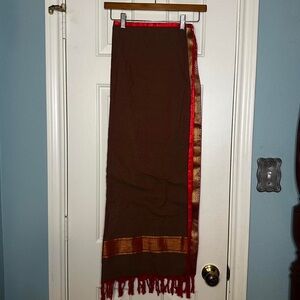 Vintage Brown and Red Wrap Maxi Skirt with Fringe Accents Made in India